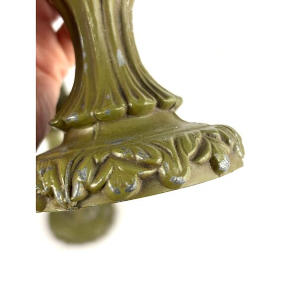 Pair Antique Green Enameled Cast Iron Candlestick Holder Ornate - Picture 6 of 12